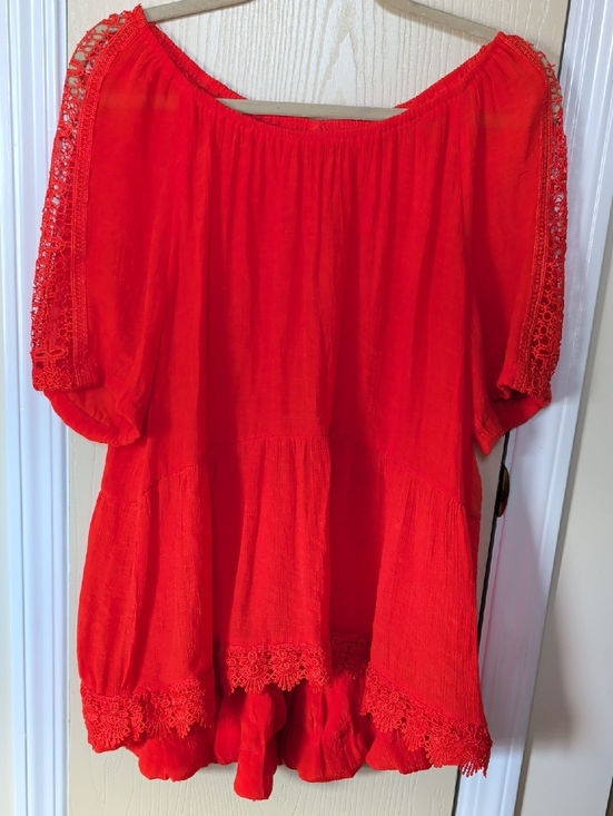 No Brand Tag Tops - Peasant Top Crochet Trim (Hi/Low) Cotton Gauze - Bright Orange (Size L)